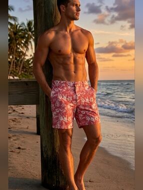 IZOD Saltwater Tropical Hibiscus Chino Shorts Red White 34